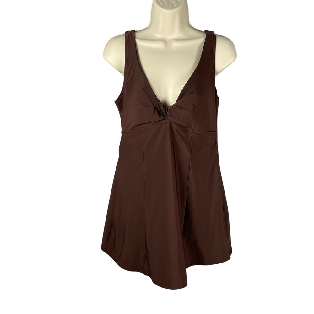 Spiegal Swimwear 14 Brown Slimming Swim Dress Vintage Low Cut Twist Front Y2K